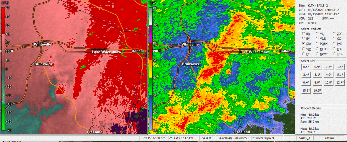 Radar loop of the thunderstorm that produced a tornado 8 miles southeast of Whiteville, NC on April 13, 2020