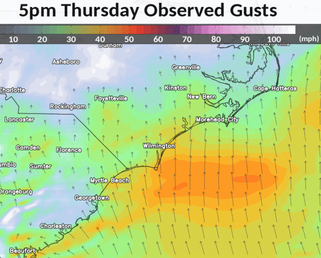 URMA analyzed wind gusts across the eastern Carolinas during the evening of April 23, 2020