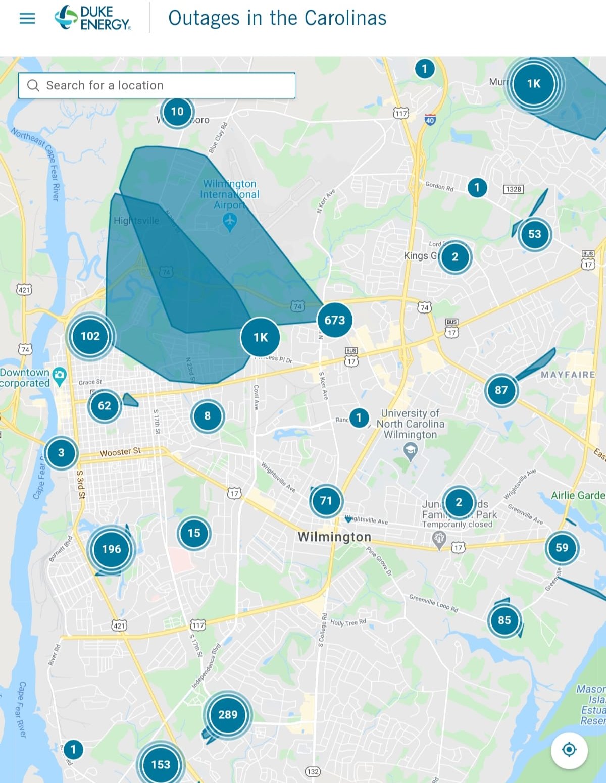 A map of power outages provided by Duke Energy at 8:25 p.m. on April 23, 2020