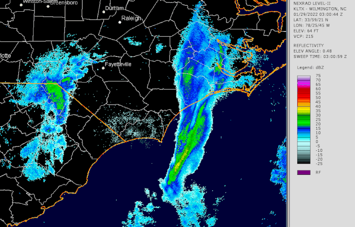 Radar loop from the evening of January 28 through mid morning of January 29, 2022