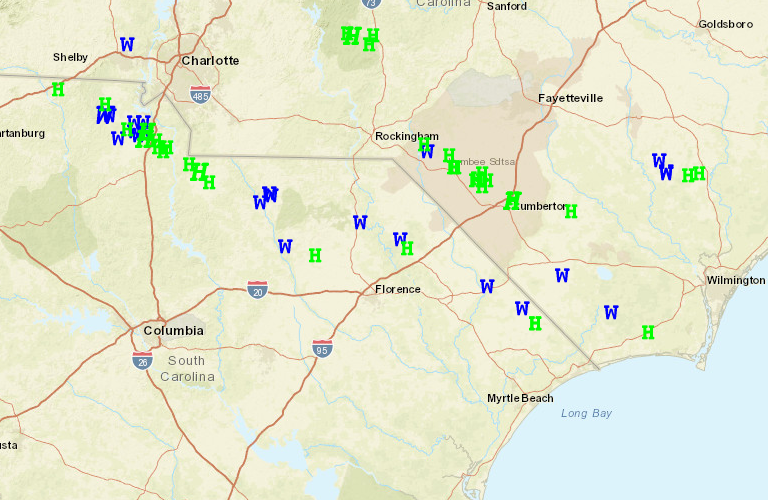 Map of reports of wind damage (W) and large hail (H) from April 20, 2024