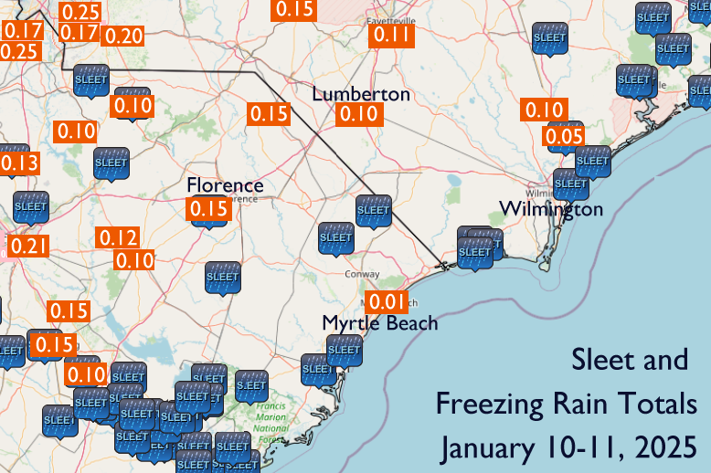 Freezing rain accumulation and sleet reports from the January 10-11, 2025 winter storm