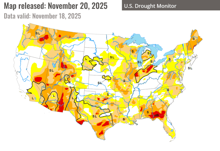 Current drought (mid November 2025) and forecast drought throughout the 2025-2026 Winter Season