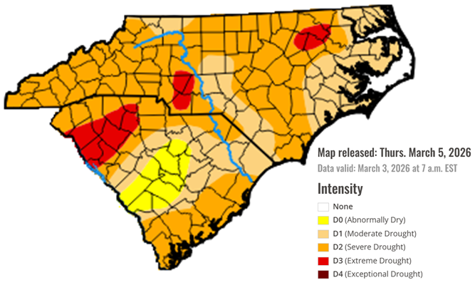 The current U.S. Drought Monitor shows moderate to locally severe drought is ongoing across most of the eastern portions of North and South Carolina