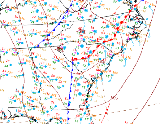 weather map valid near the time of the Brunswick County tornado on February 15, 2021