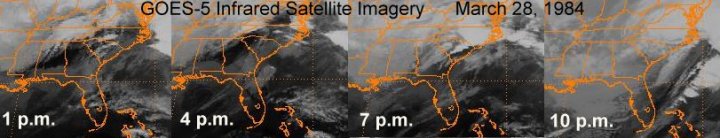 Satellite image of the line of tornadic thunderstorms