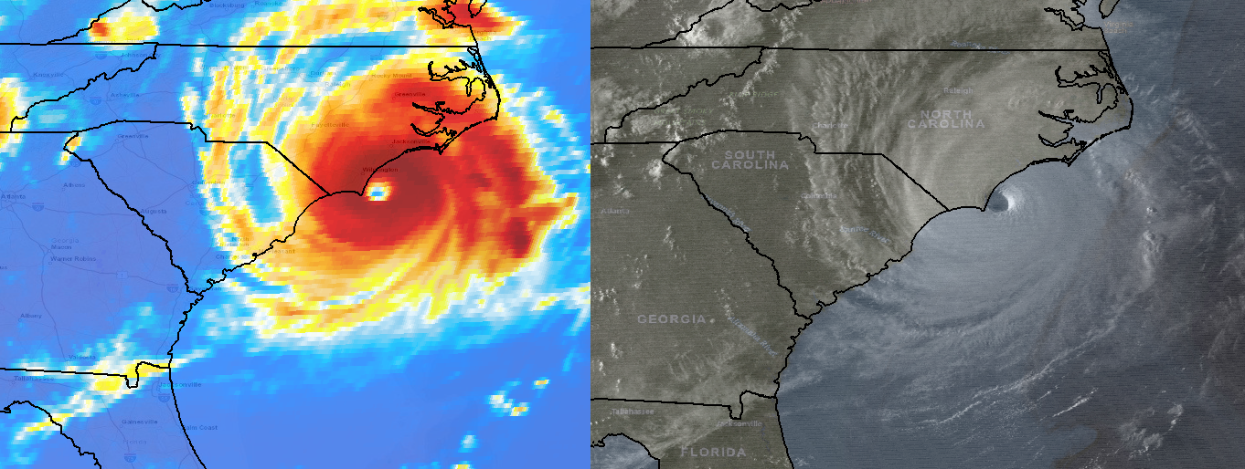 Infrared and visible satellite imagery from GOES-6 showing Hurricane Diana just off Cape Fear, NC around 630 pm EDT on Sept 11, 1984