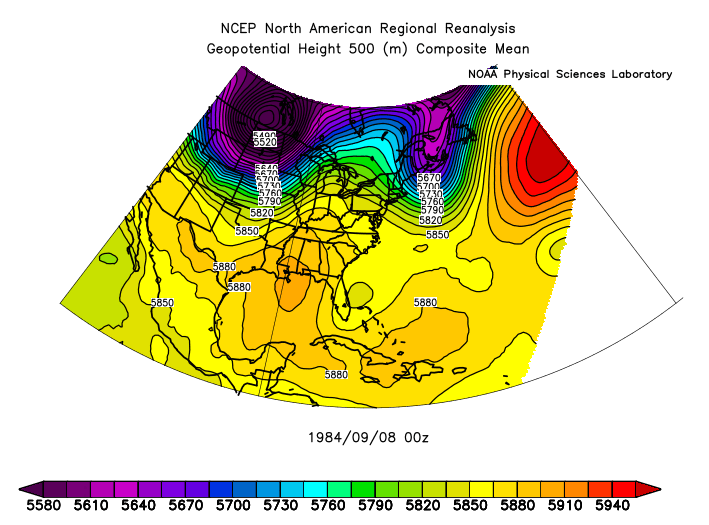 500 mb reanalysis charts showing the upper level pattern that influenced the movement of Hurricane Diana