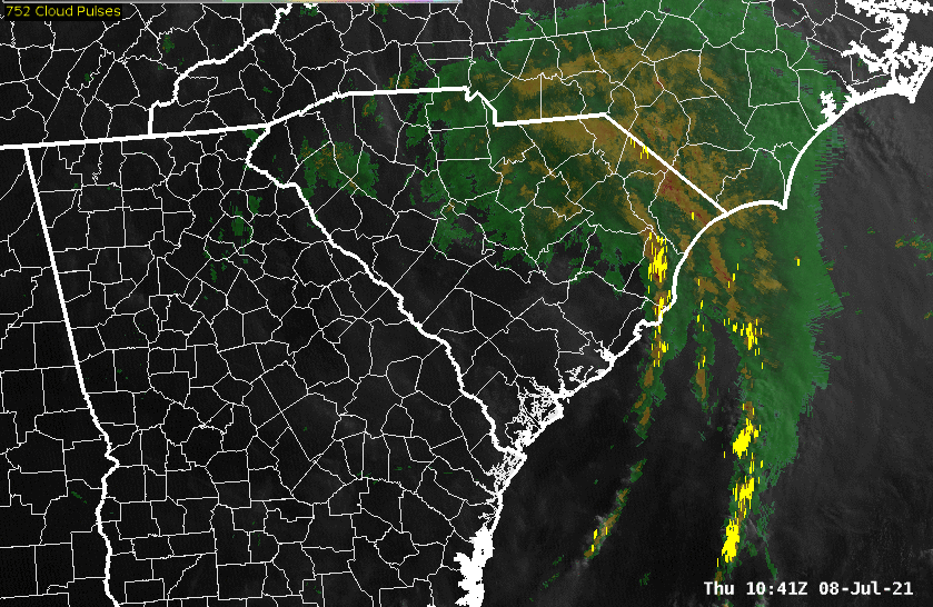 Satellite and radar composite of Tropical Storm Elsa moving across South and North Carolina on July 8, 2021