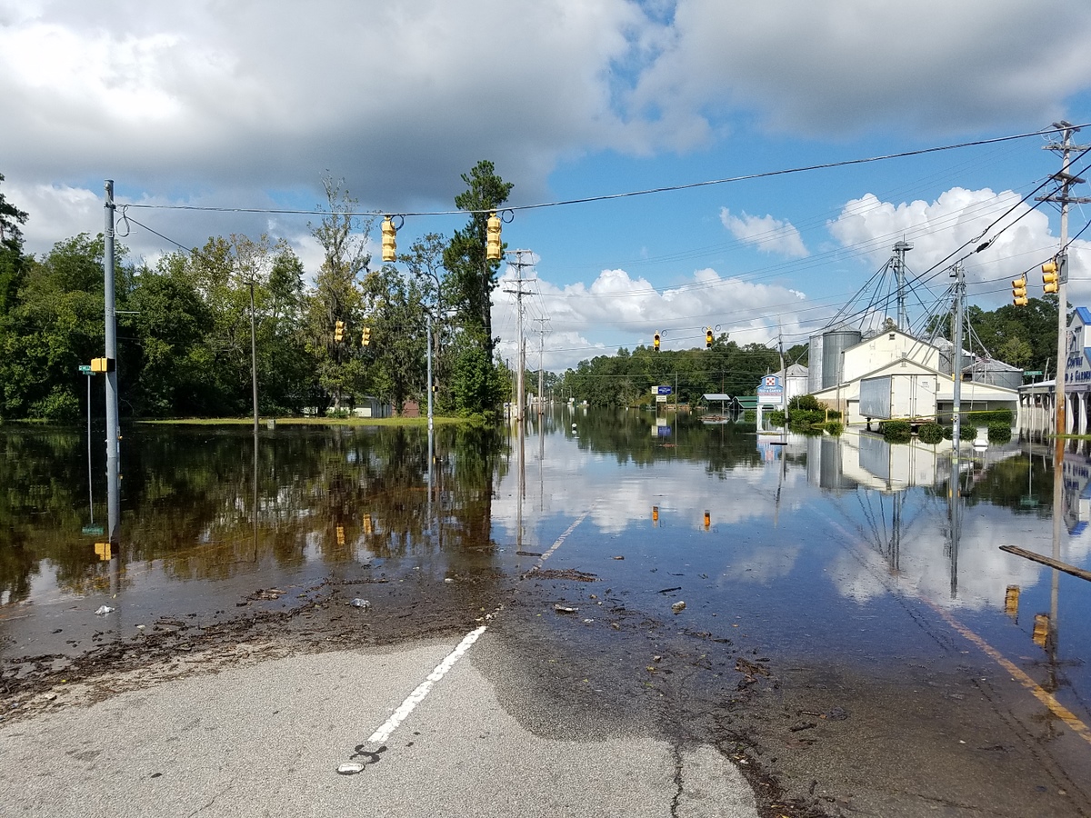 Main Street and Mill Pond Road in Conway. Flooding is from nearby Crab Tree Swamp. (Photo credit: Jonathan Lamb/NWS)