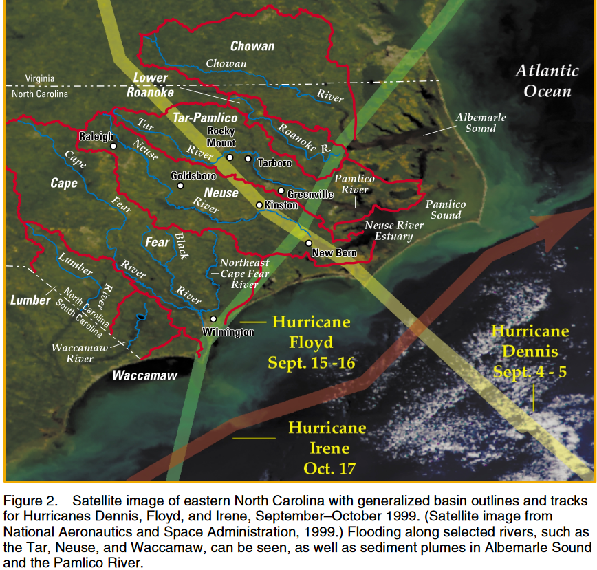 USGS produced this composite image showing the tracks taken by Hurricanes Dennis, Floyd, and Irene in 1999.  River basins and rivers themselves are overlaid on a NASA satellite image