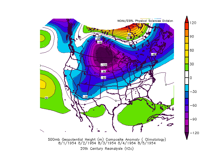 500 mb height anomalies during the summer 1954 heat wave