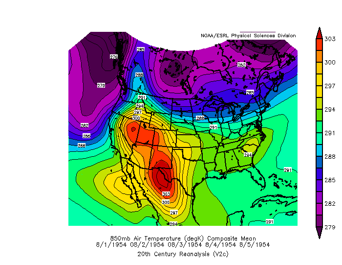 850 mb temperatures during the summer 1954 heat wave