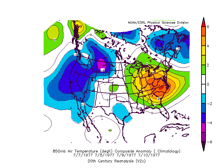 850 mb temperature anomalies during the July 1977 heat wave