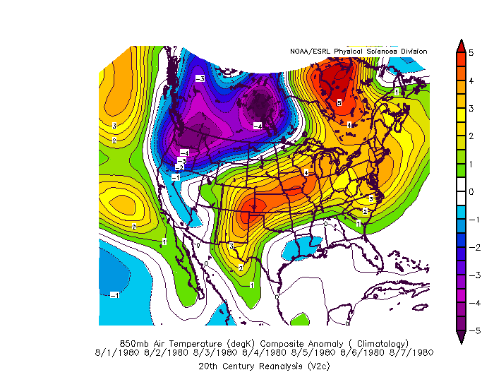 850 mb temperature anomalies during the August 1980 heat wave