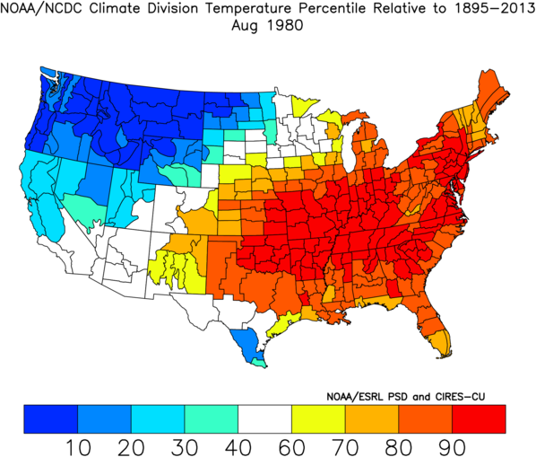 Climate Division Temperature Percentile Rankings: August 1980