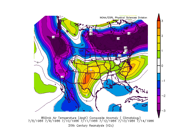 850 millibar temperature anomalies observed during the July 1986 heat wave