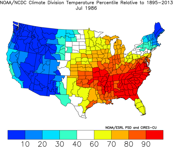 Climate Division Temperature Percentile Rankings: July 1986