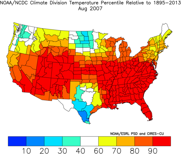 Climate Division Temperature Percentile Rankings: August 2007