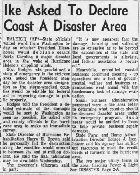 Ike Asked to Declare Coast A Disaster Area. From the Rocky Mount, NC Evening Telegram on September 30, 1958