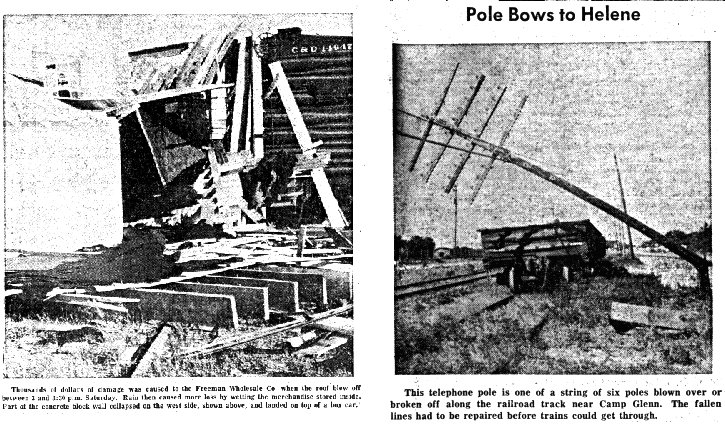 Thousands of dollars of damage to Freeman Wholesale Co when the roof blew off between 3 and 3:30 pm Saturday. Part of the concrete block wall collapsed on the west side, shown above, and landed on a box car. (left)   This telephone pole is one of six poles blown over or broken off along the railroad track near Camp Glenn. (right)  Carteret County News-Times. September 30, 1958