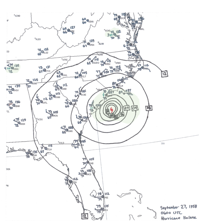 Animation of hand-drawn surface weather maps from 0600 UTC (2 a.m. EDT) September 27 through 0600 UTC (2 a.m. EDT) September 28, 1958.  The center of Hurricane Helene passed between Cape Fear, NC and the Frying Pan Shoals Lightship during the early afternoon of September 27, then merged with a cold front during the morning of September 28.