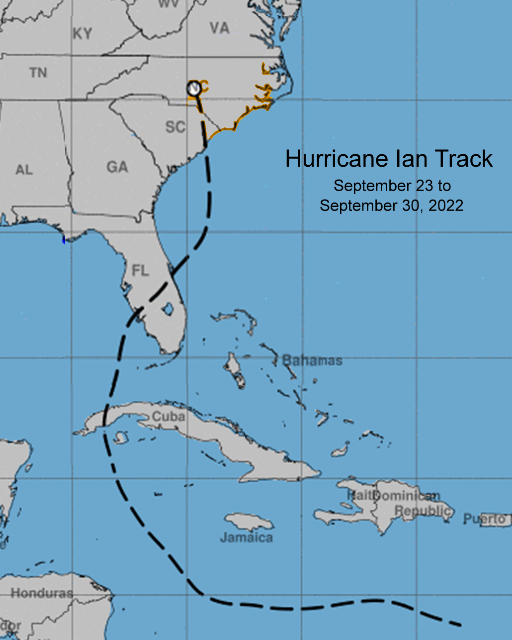 Observed path of Hurricane Ian between September 23 and September 30, 2022
