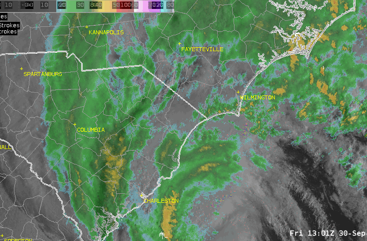 Visible satellite and radar animation of Hurricane Ian making landfall on the South Carolina coastline on September 30, 2022
