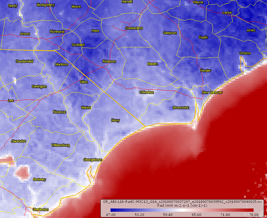 GOES-16 infrared satellite imagery from early in the morning of Sunday, January 7, 2018.  Darker blue colors indicate colder surface temperatures which generally occurred over snow.  Warm rivers show up well, as does the area of warmer, bare ground extending from Myrtle Beach up through Whiteville and Elizabethtown, NC.