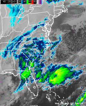 GOES-16 infrared satellite loop from January 3-4, 2018 showing strong low pressure developing along the U.S. East Coast