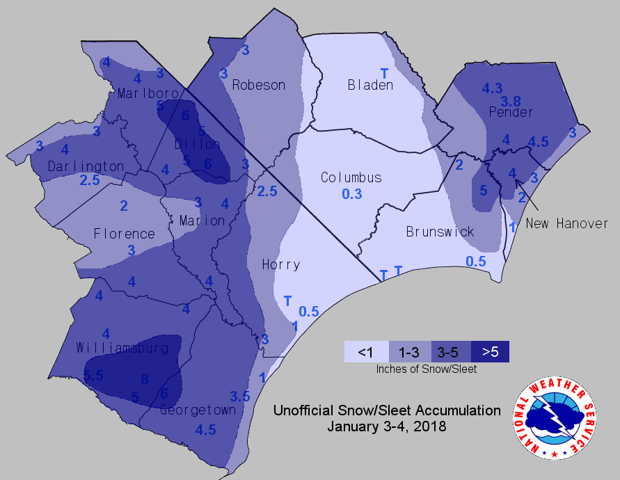 Map of snowfall accumulations from the January 3-4, 2018 snowstorm.