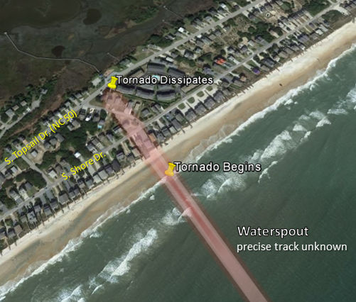 path of the Surf City waterspout/tornado on July 21, 2017
