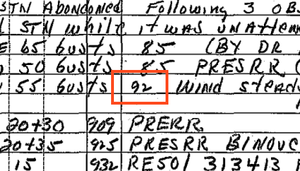 FAA form recording Myrtle Beach's highest wind gust on record: 92 knots or 106 mph.