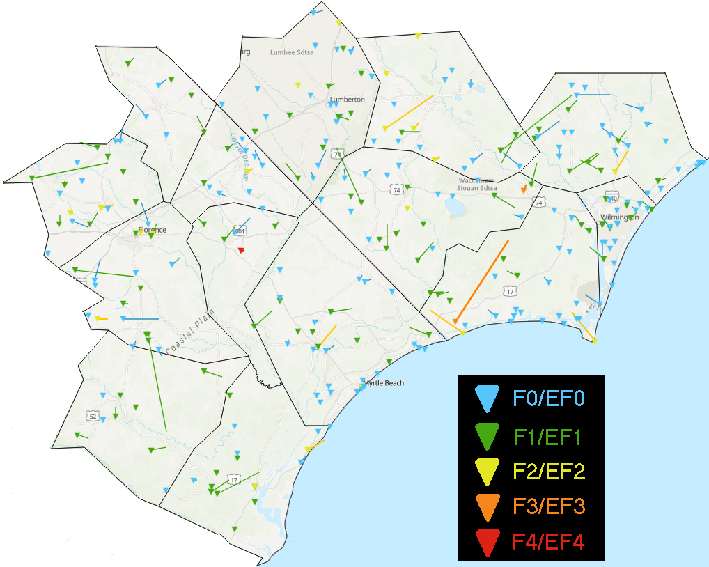 Map of surveyed tornado touchdowns across the NWS ILM forecast area 1991-2021