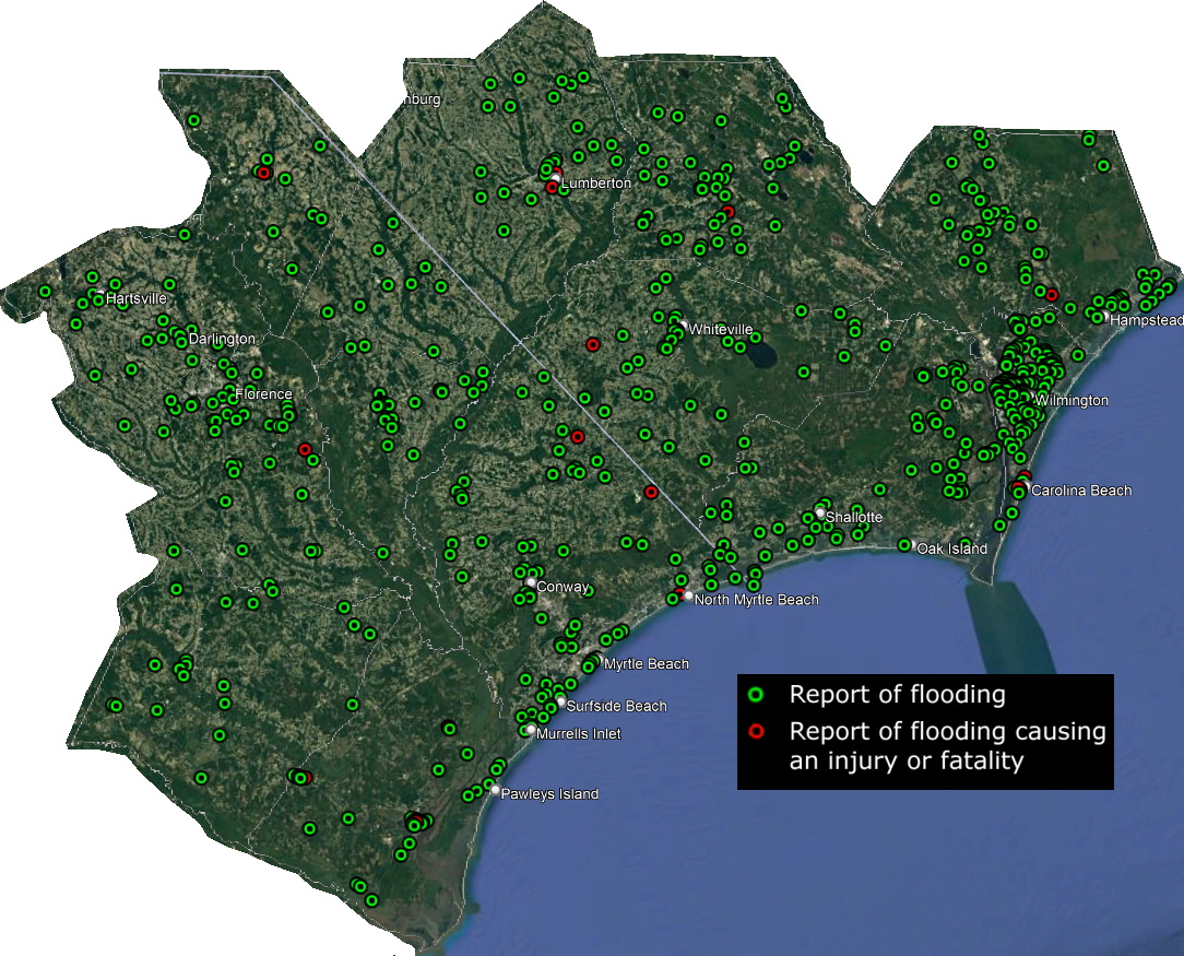 Map of all reports of flooding across the area covered by NWS Wilmington, NC between 1994 and 2021.  Red circles indicate flooding that caused an injury or fatality