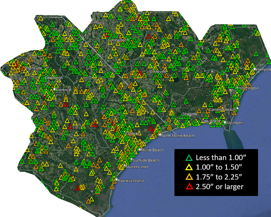 Map of all hail reports across the area served by NWS Wilmington from 1991 through 2021