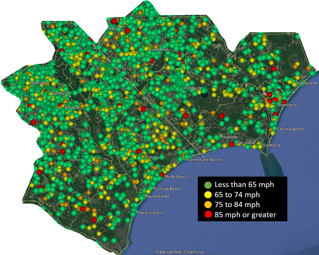 Map of all reported thunderstorm wind damage across the NWS Wilmington, NC forecast area between 1991 and 2021