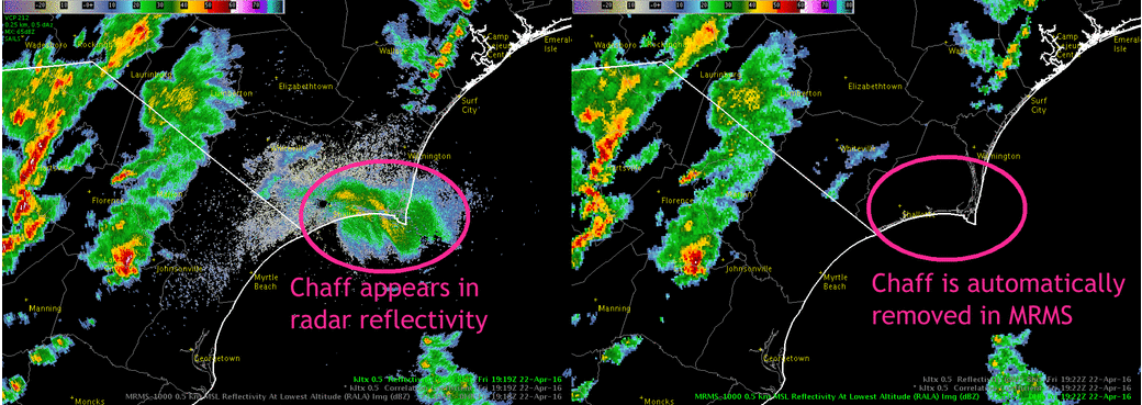 Radar reflectivity loop on the left; MRMS reflectivity on the right with non-precipitation echoes removed