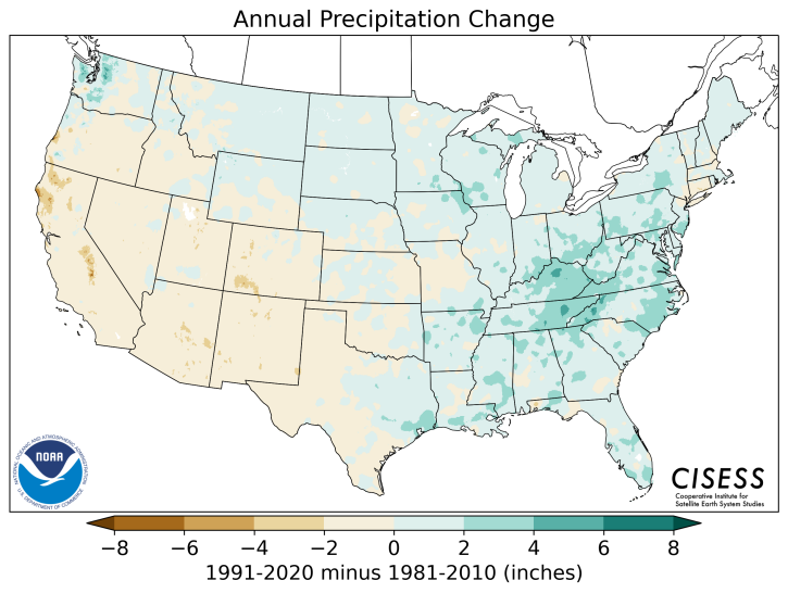 Changes in normal annual rainfall (inches) from 1981-2010 to 1991-2020