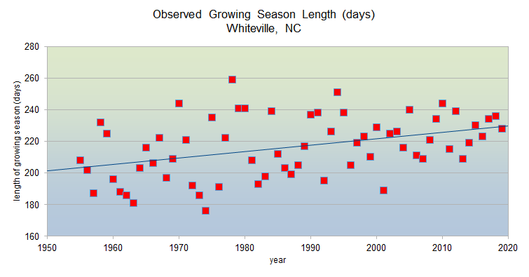 Observed growing season lengths from 1950-2020 in Whiteville, NC