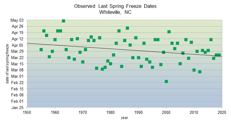 Observed spring freeze dates 1950-2020 in Whiteville, NC