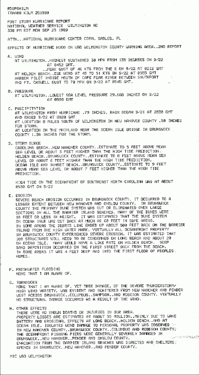 Post Storm Hurricane Report from the National Weather Service office in Wilmington.  September 25, 1989