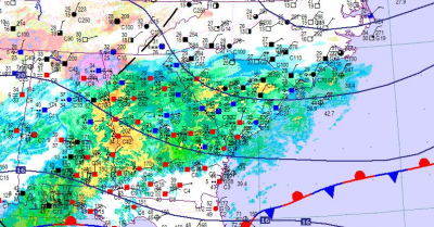 Surface weather map during the morning of Feb 12, 2014, courtesy of WeatherRoanoke.com, generated by Digital Atmosphere software.  Wilmington is reporting freezing rain with a temperature of 29 degrees.