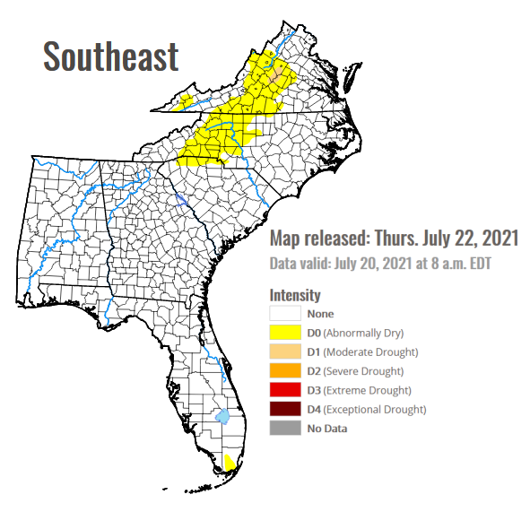 By July the U.S. Drought monitor showed drought conditions had disappeared acoss eastern North and South Carolina