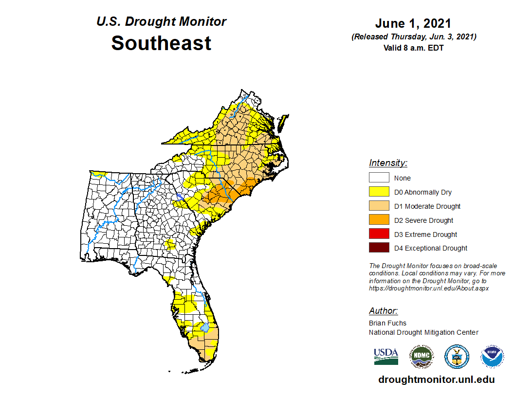 U.S. Drought Monitor on June 1 showing moderate to severe drought ongoing across portions of eastern North and South Carolina