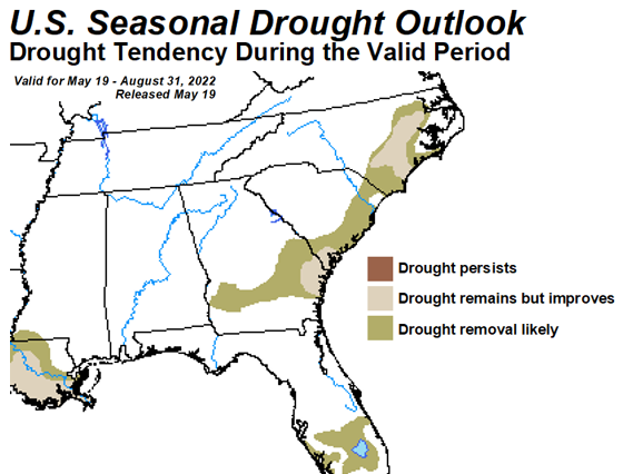 Climate Prediction Center Drought Outlook showing improvement or disappearance of drought later this summer