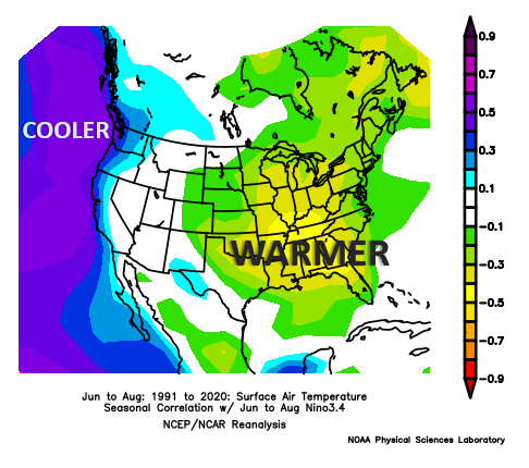 Correlation between La NiÃ±a and summer temperatures.  Yellow colors across the eastern United States indicate there is a fair degree of correlation between La NiÃ±a and above-normal summer temperatures.