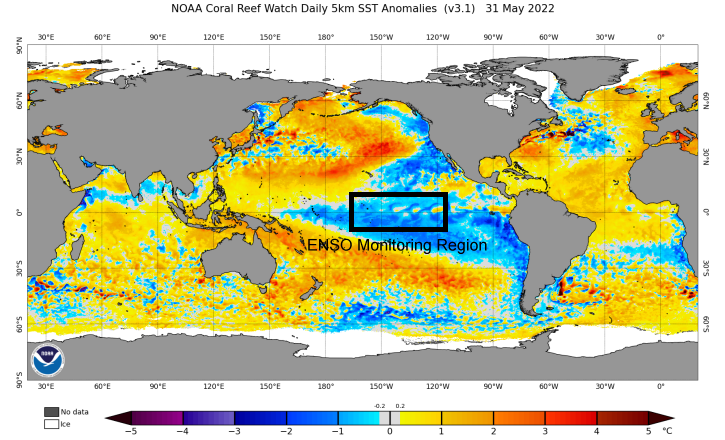 Global Ocean Water Temperature anomalies.  The highlighted box in the tropical east Pacific shows cold water associated with La Niña
