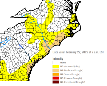 U.S. Drought Monitor for late February showing moderate drought occurring across southeastern North Carolina and northeastern South Carolina