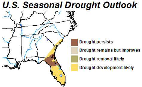 Seasonal Drought Outlook from CPC shows development of drought conditions is likely this spring along a portion of the South Carolina coast